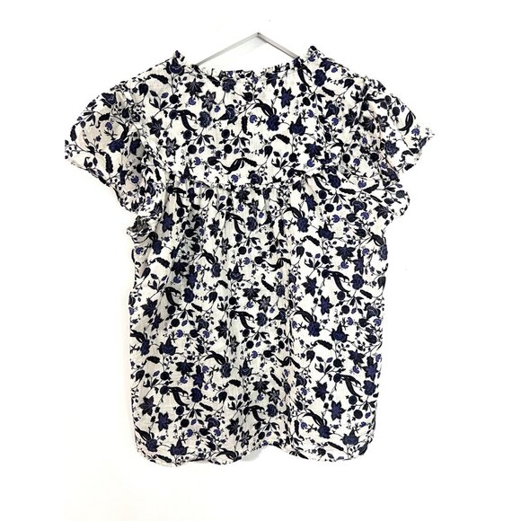 BY ANTHROPOLOGIE Blue V-Neck Floral Cream Cotton Ruffle Sleeve Size M - Picture 3 of 6